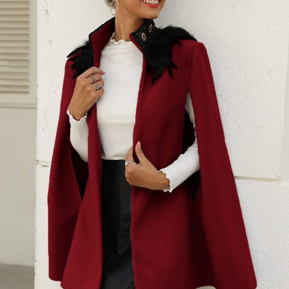 Feather Detail CAPE Coat peacoat burgundy - Picture 5 of 9